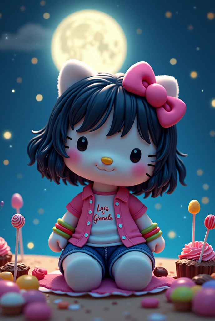 Hello Kitty with medium wavy black hair, she has a pink bow, she has a shirt with the initials Luis and Gianela, sitting watching the full moon, she has shorts and bracelets, and a heart-shaped necklace. and has sweets next to it
