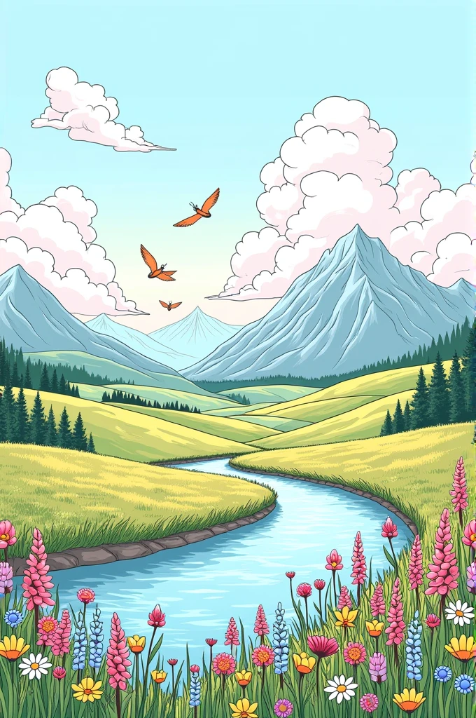 Create a coloring page of a landscape