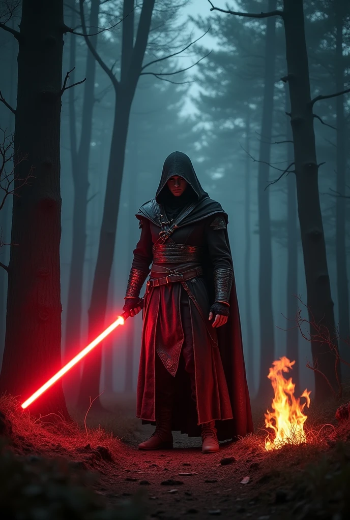 (masterpiece:1.2), (best quality:1.2), 8k, HDR, ultra detailed, ((photorealistic)), professional light, cinematic lighting, fashion photography, ambient lighting, background, a dark forest, Darkness, epiCPhoto, fire, forest fire, fire on the ground, A thief in cloth armor, holding a red light saber.