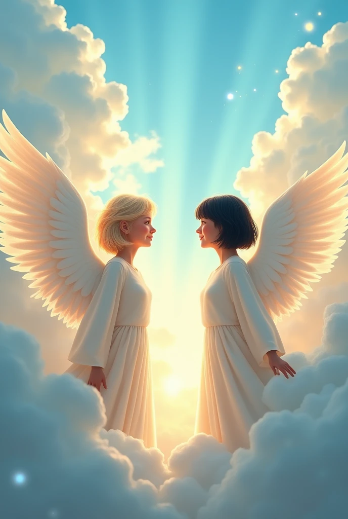 02 angels greeting each other in heaven, far from each other. One with short blonde hair and one with short black hair