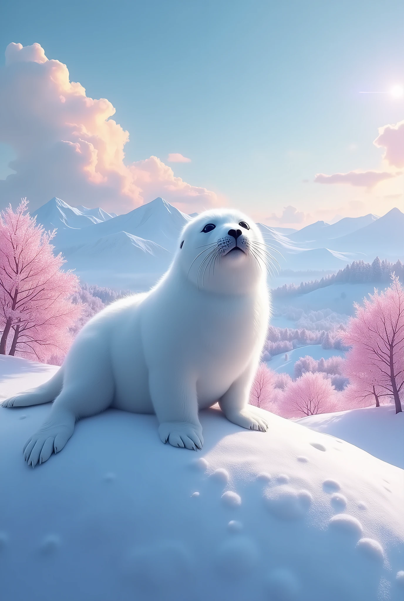 There is a white seal sitting on a snow-covered hill with a background, furry fantasy art, very very beautiful furry art, onmyoji detailed art, 4K fantasy art, wlop rossdraws, 2. 5 d cgi anime fantasy artwork, by famous artist, detailed digital 2d fantasy art, 4K highly detailed digital art