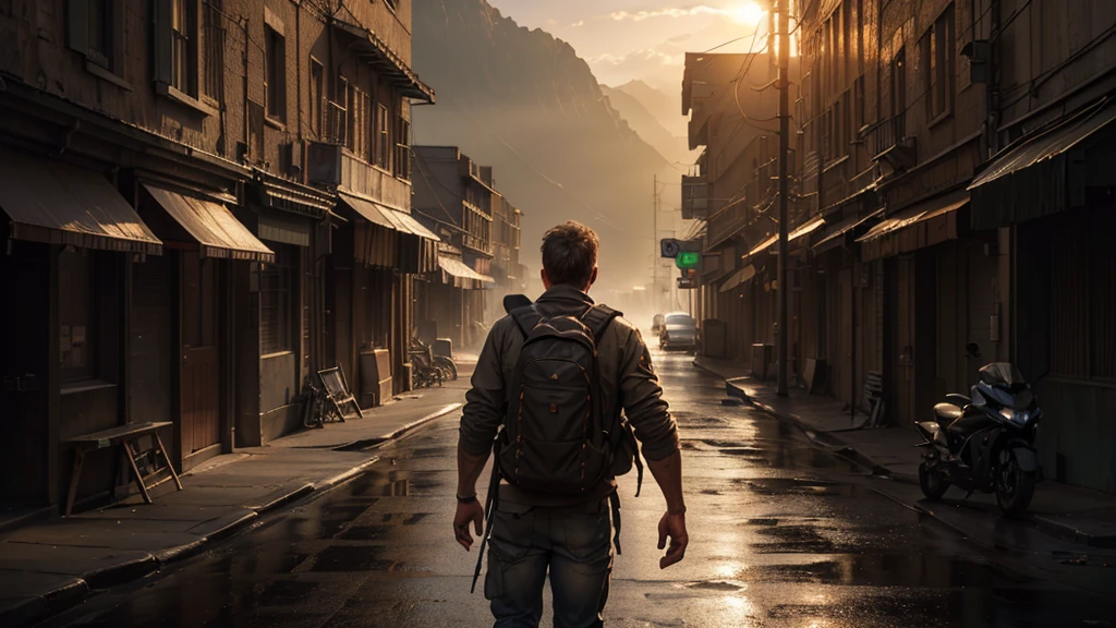 a man with a backpack walking on a dirty road, detailed realistic portrait,(best quality,4k,8k,highres,masterpiece:1.2),ultra-detailed,(realistic,photorealistic,photo-realistic:1.37),detailed clothing,detailed background, cinematic lighting, moody atmosphere, warm color tones, dynamic pose, dramatic shadows, gritty textures, adventure landscape, cinematic composition