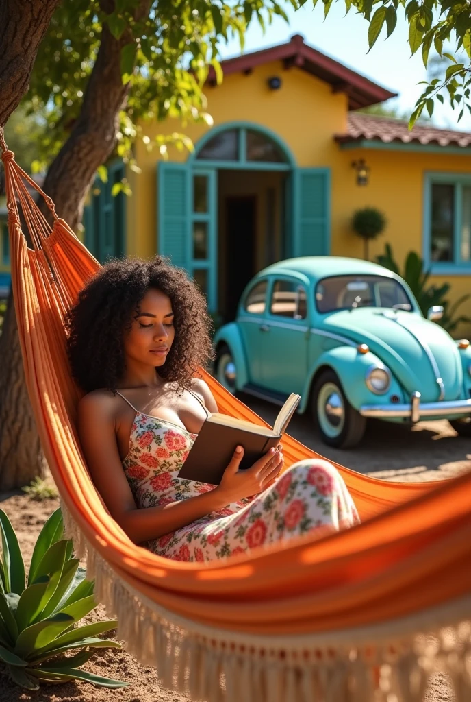 A white Brazilian woman with large breasts, long curly hair, wearing a long floral dress, is lying in a hammock reading a book in front of her simple yellow house., with a light blue Beetle and a flower garden