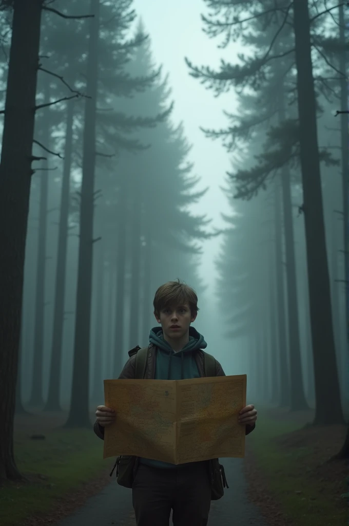 "A young adult standing alone in a dense, foggy forest, looking confused and disoriented. Their clothes are slightly torn, and they hold a map upside down, with a worried expression on their face. The trees around them are tall and looming, casting long shadows that add to the feeling of isolation. The sky above is gray, and the path ahead is unclear, with no visible landmarks. The mood is eerie and unsettling, emphasizing the person's sense of being lost."