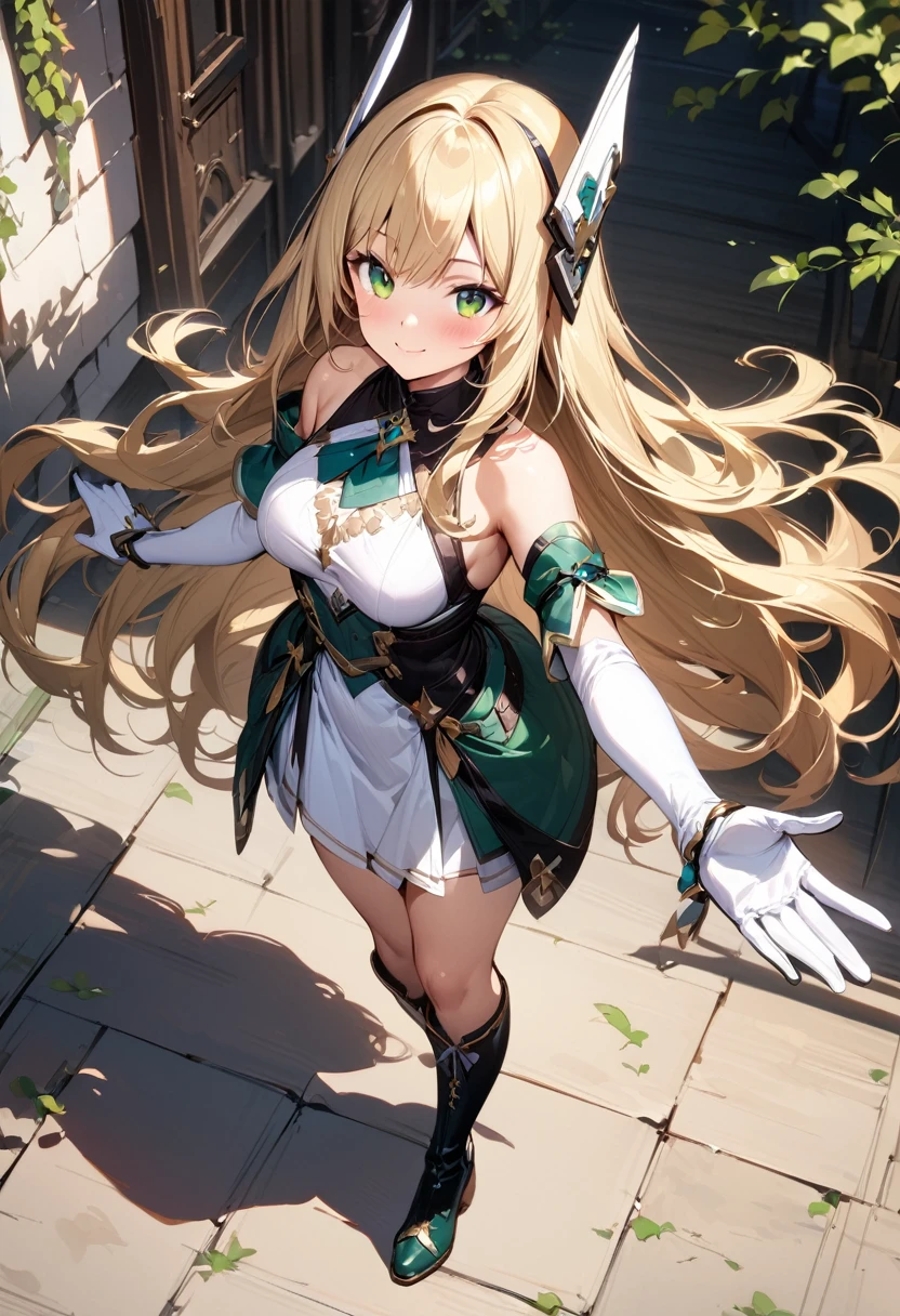 (masterpiece),(best quality),(ultra-detailed),(best illustration),(best shadow),(absurdres),(detailed background),(very aesthetic), 1girl, green-eyes, solo, gloves, blonde-hair, ((long-hair)), white-gloves, looking-at-viewer, full-body, simple-background, boots, dress, breasts, smile, standing, hair-ornament, closed-mouth, bangs, outstretched-arms, knee-boots, medium-breasts, bare-shoulders, detached-sleeves, ribbon, headgear, blush, sleeveless, elbow-gloves, skirt
