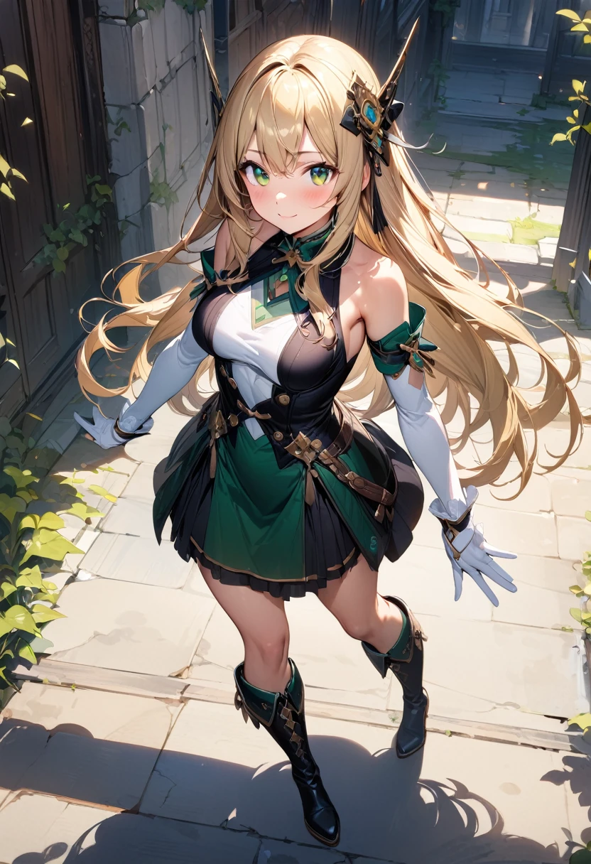 (masterpiece),(best quality),(ultra-detailed),(best illustration),(best shadow),(absurdres),(detailed background),(very aesthetic), 1girl, green-eyes, solo, gloves, blonde-hair, ((long-hair)), white-gloves, looking-at-viewer, full-body, simple-background, boots, dress, breasts, smile, standing, hair-ornament, closed-mouth, bangs, outstretched-arms, knee-boots, medium-breasts, bare-shoulders, detached-sleeves, ribbon, headgear, blush, sleeveless, elbow-gloves, skirt
