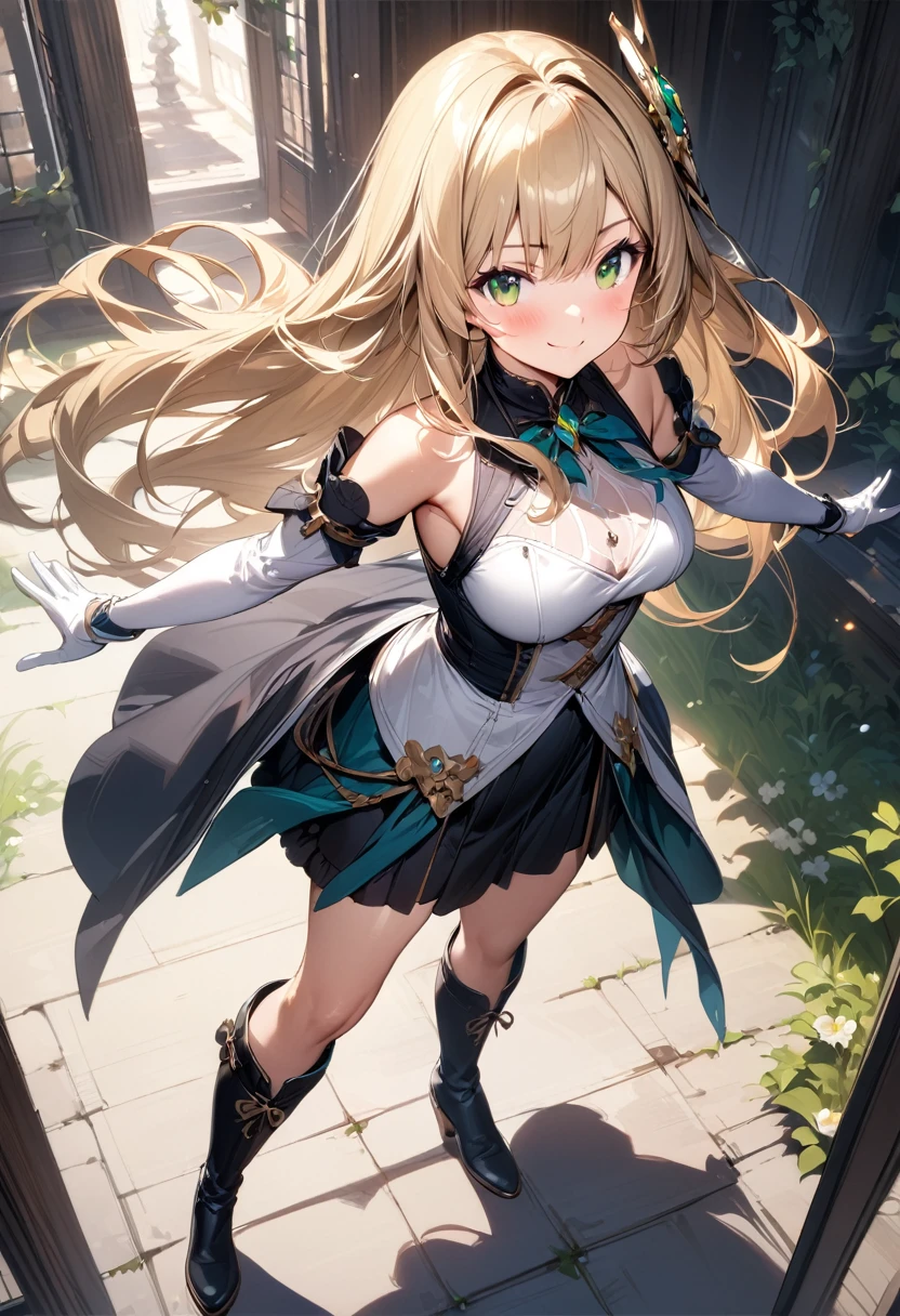 (masterpiece),(best quality),(ultra-detailed),(best illustration),(best shadow),(absurdres),(detailed background),(very aesthetic), 1girl, green-eyes, solo, gloves, blonde-hair, ((long-hair)), white-gloves, looking-at-viewer, full-body, simple-background, boots, dress, breasts, smile, standing, hair-ornament, closed-mouth, bangs, outstretched-arms, knee-boots, medium-breasts, bare-shoulders, detached-sleeves, ribbon, headgear, blush, sleeveless, elbow-gloves, skirt
