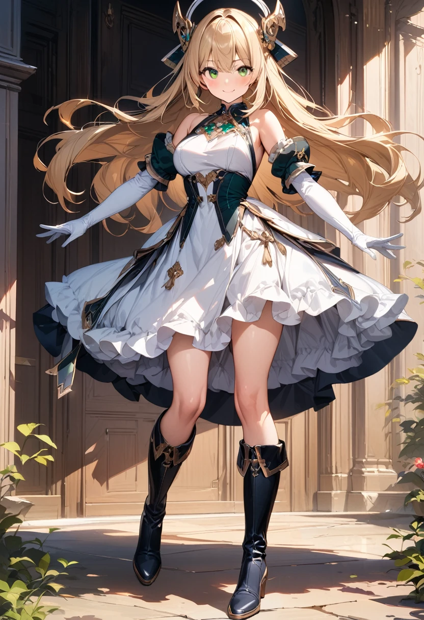 (masterpiece),(best quality),(ultra-detailed),(best illustration),(best shadow),(absurdres),(detailed background),(very aesthetic), 1girl, green-eyes, solo, gloves, blonde-hair, ((long-hair)), white-gloves, looking-at-viewer, full-body, simple-background, boots, dress, breasts, smile, standing, hair-ornament, closed-mouth, bangs, outstretched-arms, knee-boots, medium-breasts, bare-shoulders, detached-sleeves, ribbon, headgear, blush, sleeveless, elbow-gloves, skirt
