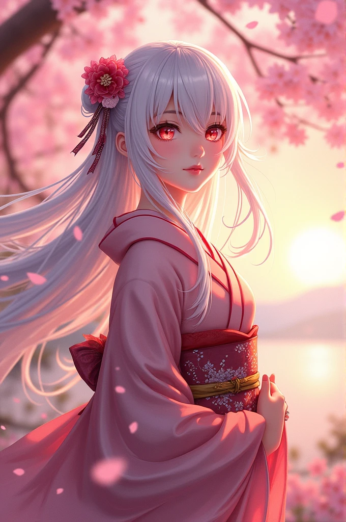 Create an anime japanese princess who has albinism, have white hair and red eyes
