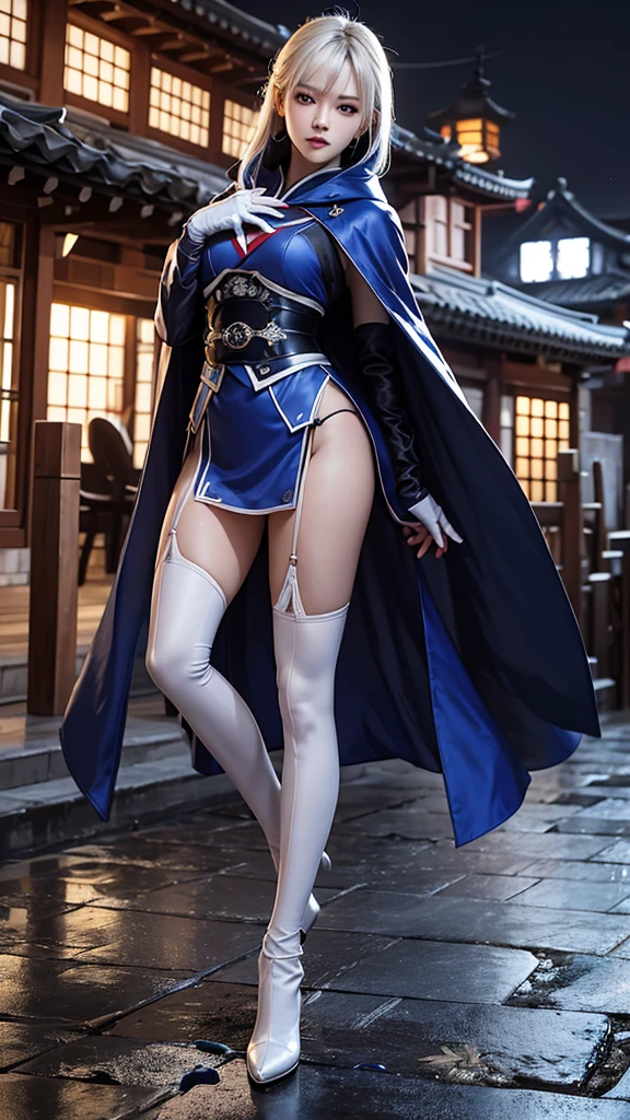 South korea assassin women mystery hooded on with modern royal Blue coat with long and wide sleeves with buttons and royal Blue cape and very high white heel over the knee and white gloves, As she reveals a small secret hidden blade coming from his palm , adding to the character's mysterious and agile appearance, with small movements of air on the cape, jump from roof to roof, in summer at night under the rain,medieval south korea house. sophisticated and highly detailed, ultra hd, realistic, hyper detailed, enhanced colours, ultra sharp focus, with vibrant, rich in details High quality, gorgeous, captivating, 8k, super detailed, stunning shadows, detailed lines, blood stain on coat and gloves, corpses in the street recently murdered