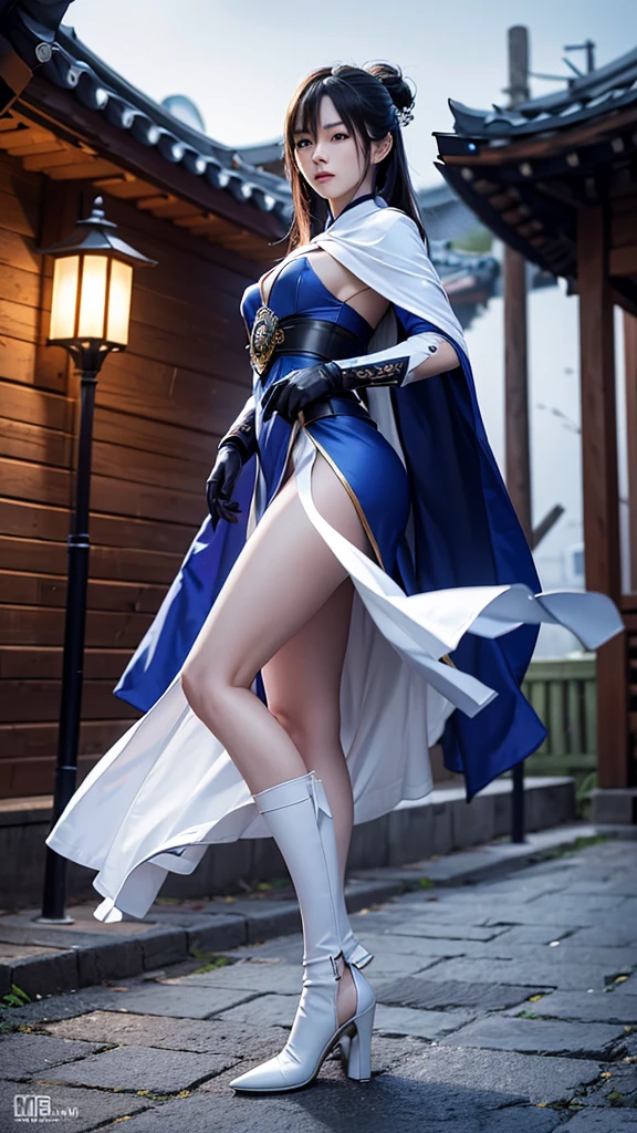 South korea assassin women mystery hooded on with modern royal Blue coat with long and wide sleeves with buttons and royal Blue cape and very high white heel over the knee and white gloves, As she reveals a small secret hidden blade coming from his palm , adding to the character's mysterious and agile appearance, with small movements of air on the cape, jump from roof to roof, in summer at night under the rain,medieval south korea house. sophisticated and highly detailed, ultra hd, realistic, hyper detailed, enhanced colours, ultra sharp focus, with vibrant, rich in details High quality, gorgeous, captivating, 8k, super detailed, stunning shadows, detailed lines, blood stain on coat and gloves, corpses in the street recently murdered