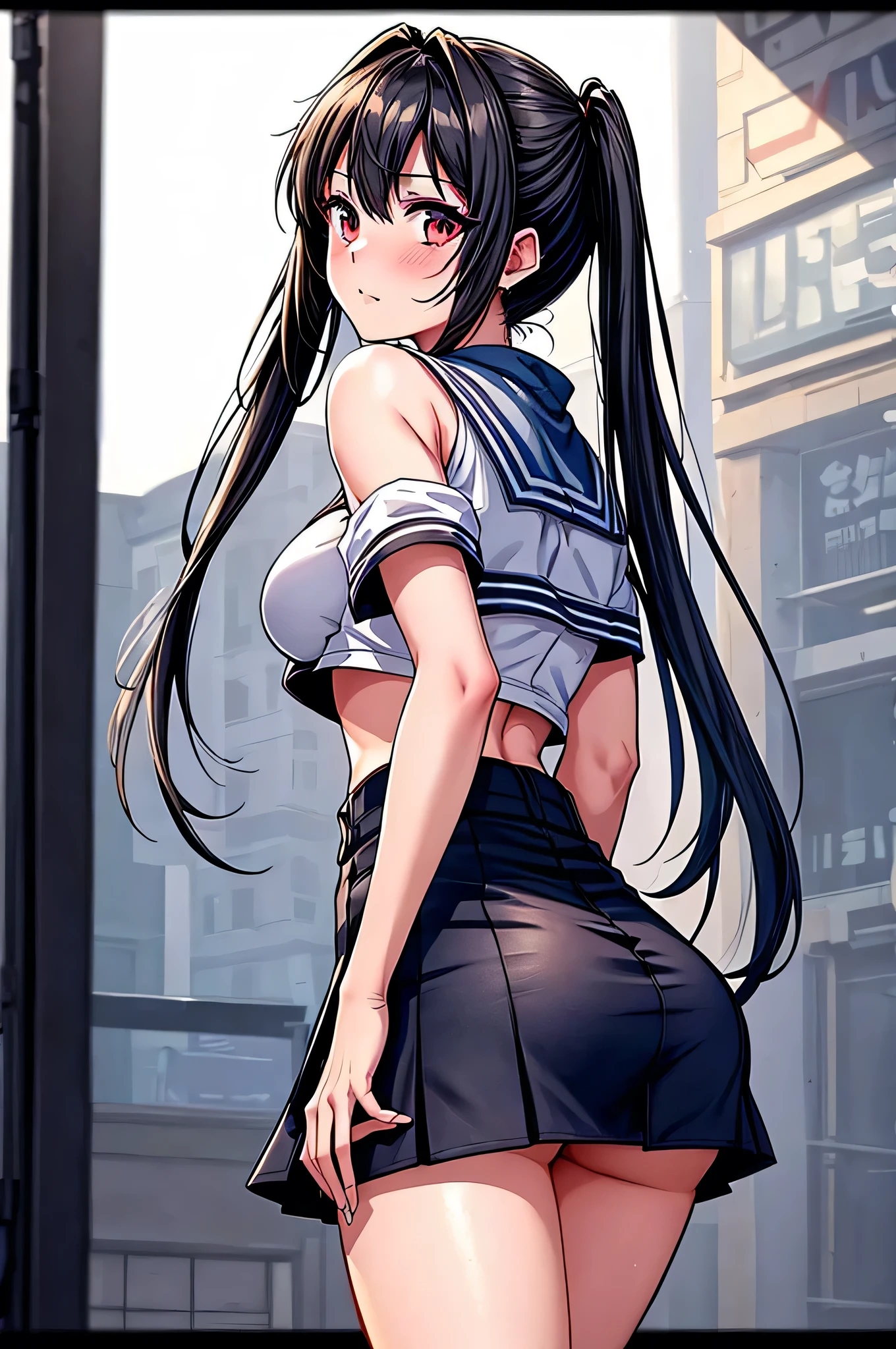masterpiece, best quality, HuTaoV4, 1girl view, solo, blush, twintails, long hair, hair between eyes, ((streetwear clothes)), city, outdoors, night, movie poster, extremely detailed, smooth, high resolution, ultra quality, cinematic lighting, ambient occlusion, all intricate details, anime, detailed faces, perfect composition, wide shot, atmospheric lighting, very sexy, lift skirt, random low back angle, uncensored, nsfw, sin censura