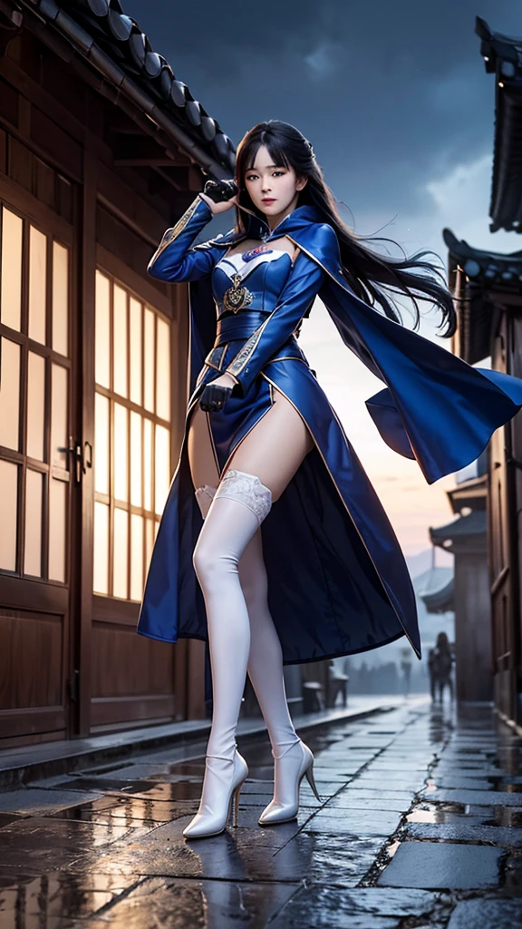 South korea assassin women mystery hooded on with modern royal Blue coat with long and wide sleeves with buttons and royal Blue cape and very high white heel over the knee and white gloves, As she reveals a small secret hidden blade coming from his palm , adding to the character's mysterious and agile appearance, with small movements of air on the cape, jump from roof to roof, in summer at night under the rain,medieval south korea house. sophisticated and highly detailed, ultra hd, realistic, hyper detailed, enhanced colours, ultra sharp focus, with vibrant, rich in details High quality, gorgeous, captivating, 8k, super detailed, stunning shadows, detailed lines, blood stain on coat and gloves, corpses in the street recently murdered
