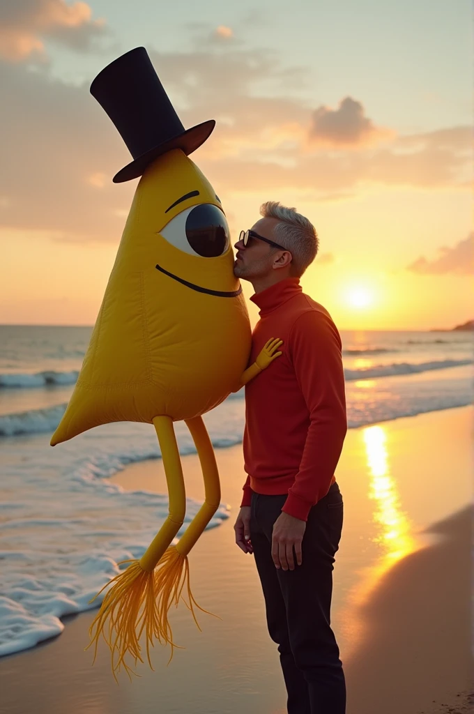 a realistic image of a floating yellow triangle with a giant eye with a black iris, it has very thin arms and legs like spaghetti that are black, The triangle is wearing a long black top hat. This character will be kissing a handsome man with gray hair, black plastic glasses, a kind of red turtleneck, and dark pants. The background will be a sunset on the beach. The main characters will be centered in the image kissing very close to the camera. 