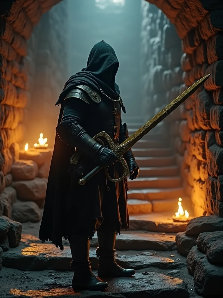 (masterpiece:1.2), (best quality:1.2), 8k, HDR, ultra detailed, ((photorealistic)), professional light, cinematic lighting, fashion photography, ambient lighting, background, a dark medieval dungeon, Darkness, epiCPhoto, fire, stairs, A thief in cloth armor, holding a golden long sword in both hands.