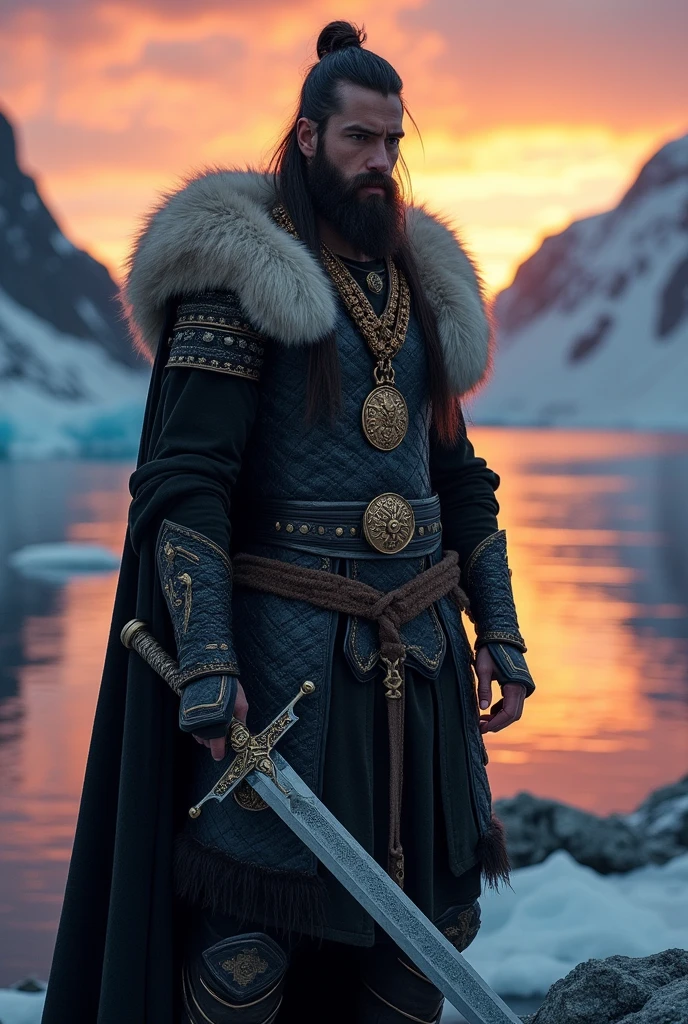 Slender Viking Warrior , with long hair and a black beard , with majestic black armor full of details and polar bear skin , with a gold necklace and a king's crown , accompanied by a majestic sword