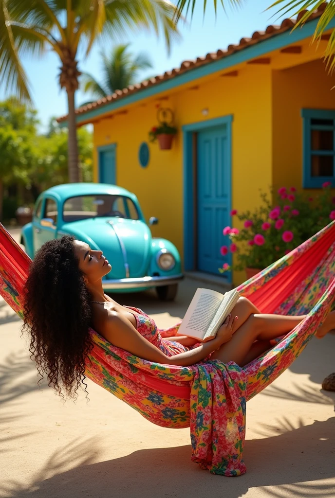 A white Brazilian woman with big breasts and very long curly hair in a long floral dress in a hammock reading a book in front of her simple yellow house, with a light blue Beetle and a flower garden