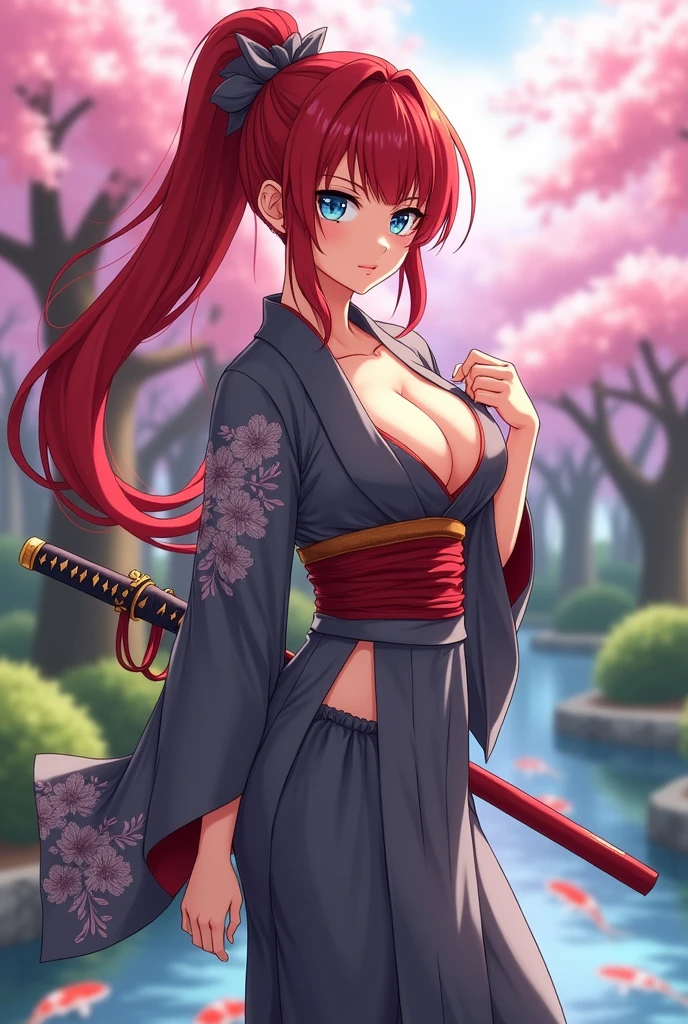 Anime, Japanese woman in a kimono, with blue eyes, red hair, long hair in a ponytail, grey hakama, scarlet clothing, a Japanese sword on her left hip, large breasts, and a large backside, with a slight emphasis on her breasts and backside.