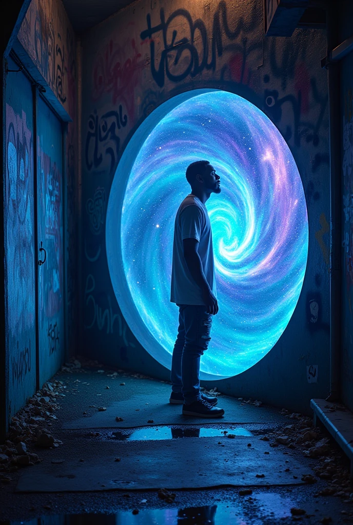 Young black man looks at a portal to space-time in an alley