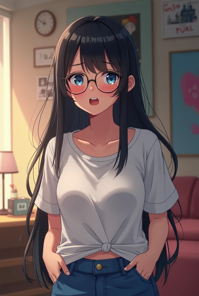 solo,1girl,black hair ,blues eyes ,tareme, hair bang, long hair,gleaming skin,glasses, oversized tshirt, blue jeans, massive fart, farting, blush, lifting ass, closed eyes, clenching teeth, alone in a room