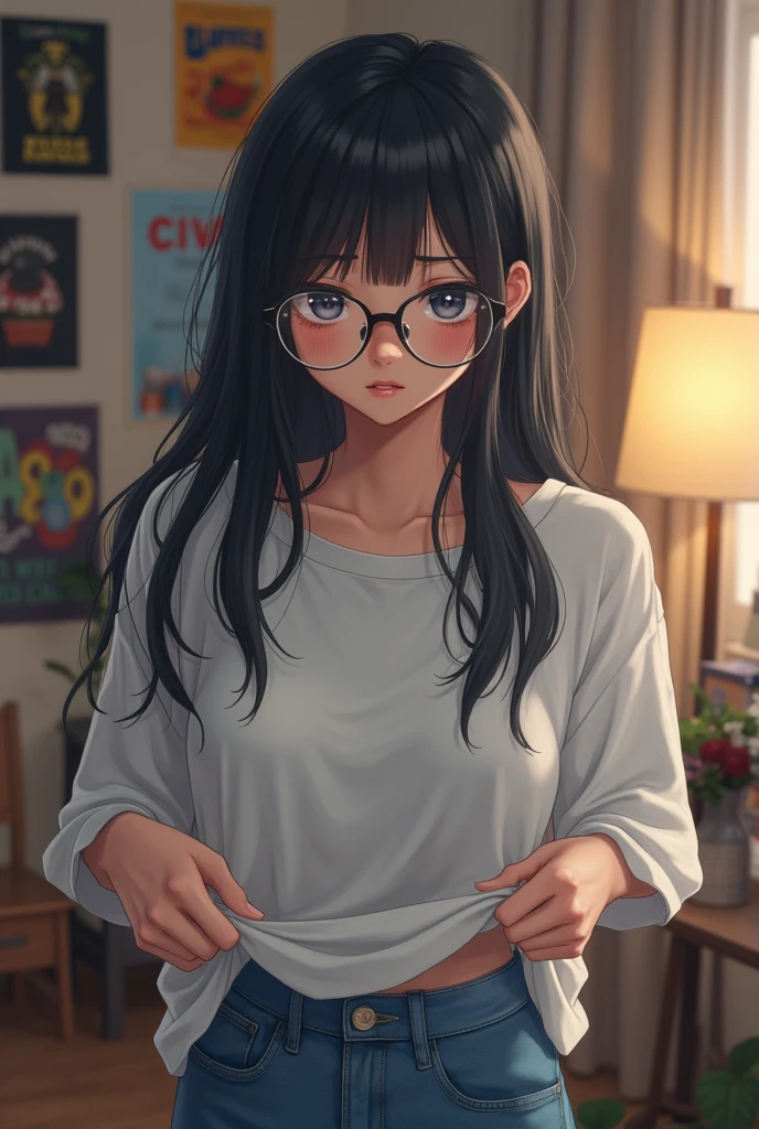 solo,1girl,black hair ,blues eyes ,tareme, hair bang, long hair,gleaming skin,glasses, oversized tshirt, blue jeans, massive fart, farting, blush, lifting ass, closed eyes, clenching teeth, alone in a room
