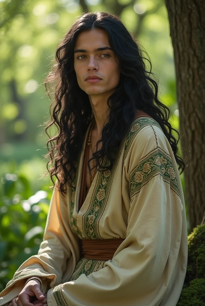 Young male druid with a feminine appearance, no beard or mustache, long black curly hair, fine clothes in beige colors, green and gold, old brown tunic