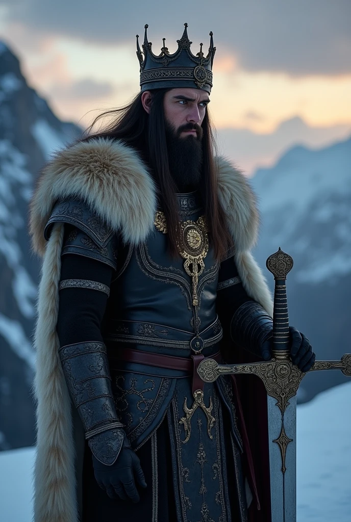 Slender Viking Warrior , with long hair and a black beard , with majestic black armor full of details and polar bear skin , with a gold necklace and a king's crown , accompanied by a majestic sword