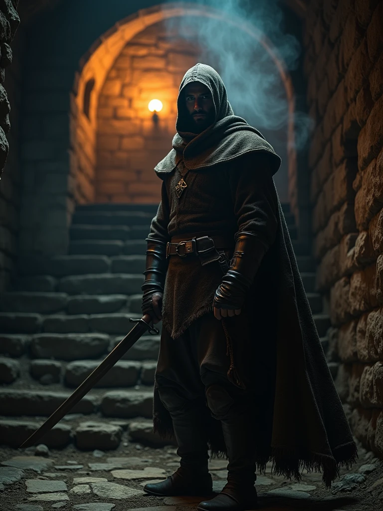 (masterpiece:1.2), (best quality:1.2), 8k, HDR, ultra detailed, ((photorealistic)), professional light, cinematic lighting, fashion photography, ambient lighting, background, a dark medieval dungeon, Darkness, epiCPhoto, fire, stairs, A thief in cloth armor, holding a long sword in both hands.
