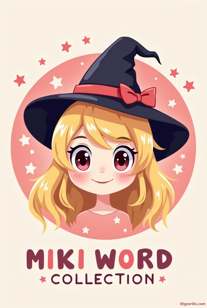 Create a logo drawn with the face of a cute witch with a sign that says:MIKI WORD COLLECTION
Let the witch be blonde
Put the drawing in a circle shape and put stars on it
Let the background of the circle be pink