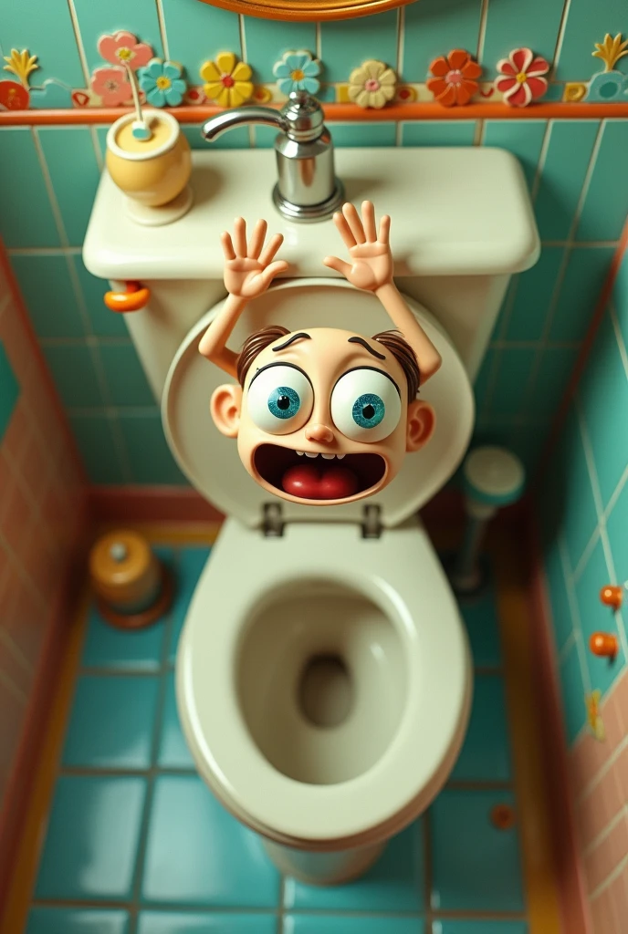 Une vu de dessus avec une toilette avec des yeux qui regardent vers la caméra soit vers le haut et la toilette supplie en tendant les mains vers le ciel comme si elle voulait attraper quelque chose