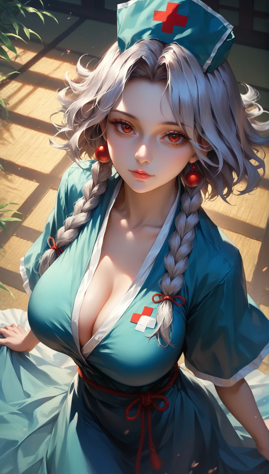 (masterpiece, best quality:1.3), (from above:1.3), Yagokoro Eirin, Touhou Series, perfect face, expressive eyes, 1woman, looking at viewer, 38 years old, gorgeous body, big breast, beautiful, anime, lora,1woman, silver hair, braid hair, nurse cap, red and blue clothes, long skirt, (cinematic lighting, realistic, dream-like, enchanting atmosphere:1.5), （an old japanese mansion with moonlight leaking, in bamboo forest, midnight, big full moon:1.3）