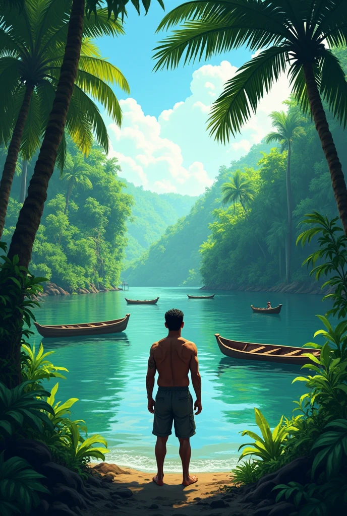 Man waiting if his son arrives at the bank of the Magdalena River, in a jungle setting and the sad, animated image and boats can be seen