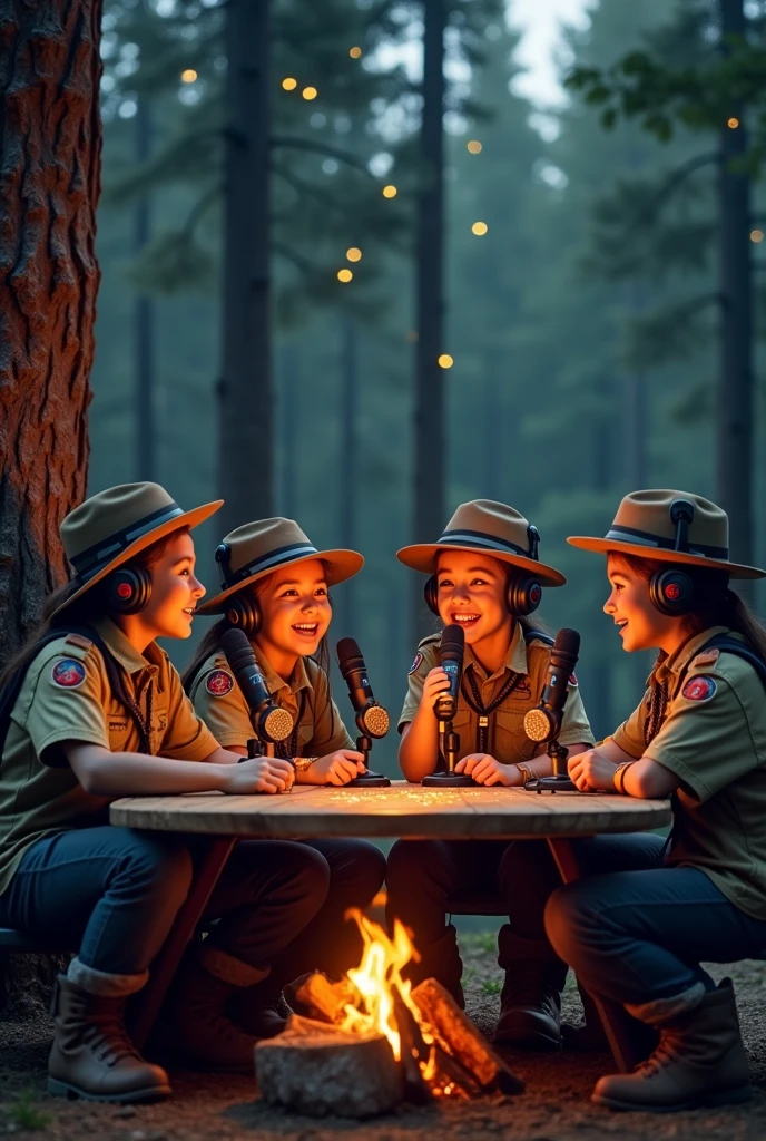 Four scouts podcasting in a rustic setting at camp using microphone and headphones 

