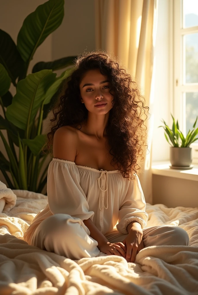 (photorealism:1.2), beautiful woman, sitting on bed, wearing loose off-shoulder top, pajama pants, long curly hair, indoors, soft lighting, plants in background, window with sunlight, cozy room, relaxed pose, realistic, intricate details, warm colors, by Greg Rutkowski, by Alphonse Mucha