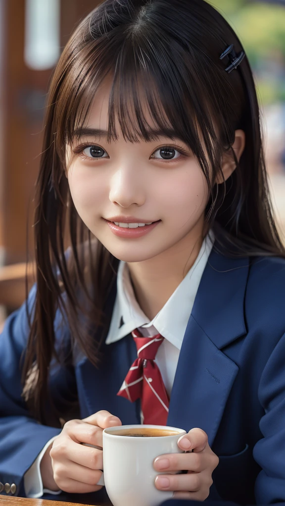 ((masterpiece, Highest quality, High resolution)), 1 Japanese person, (Realistic: 1.4), Happy smile、Pointed Mouth、Great face,Glossy Lips、15 years old, ponytail、(Beautiful Hair:1.5), Japanese High School Uniform、(Navy Blue Blazer、Navy blue jacket)、(White dress shirt)、(Red tie)、At the cafe、In front of the table、Sitting on a chair、Holding a glass、Drinking coffee、Detailed and real fingers、Body facing forward、Face to face、Staring、Angle from the front, Smooth, Highly detailed CG composite 8K wallpaper, High resolutionのRAWカラー写真, Professional photography, Light, BackLight, dream-like, impressive, Written boundary depth, (Face close-up:1.4)