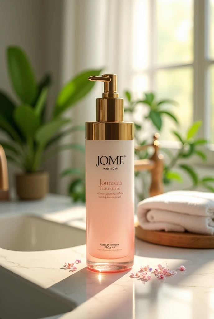 Model for a Hair Treatment Product for Damaged Hair, whose environmentally friendly packaging must be premium line in gold color, White and pink with push-type dosing valve with innovative design with the JOME brand name and its respective box