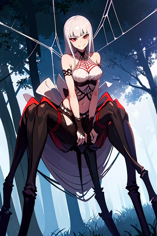 Arachne, smirk, 6 chitinous spider legs, 2 normal arms, white chest bindings (spiderweb), spiderweb+forest background