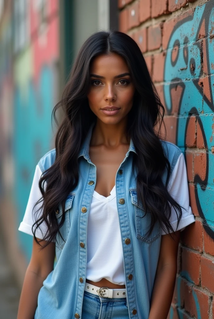 woman 48 years old. Bullish. white. long hair, Black and smooth. eyes black. Casual white and blue clothes