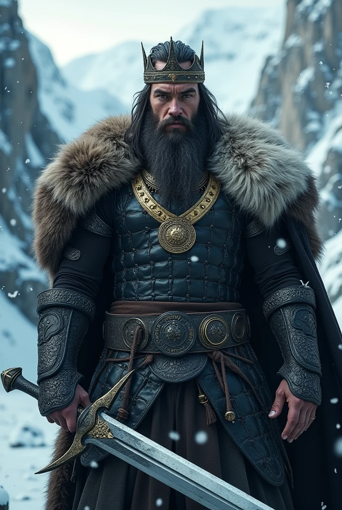 Robust Viking Warrior , with long hair and a black beard , with majestic black armor full of details and polar bear skin , with a gold necklace and a king's crown , accompanied by a majestic sword