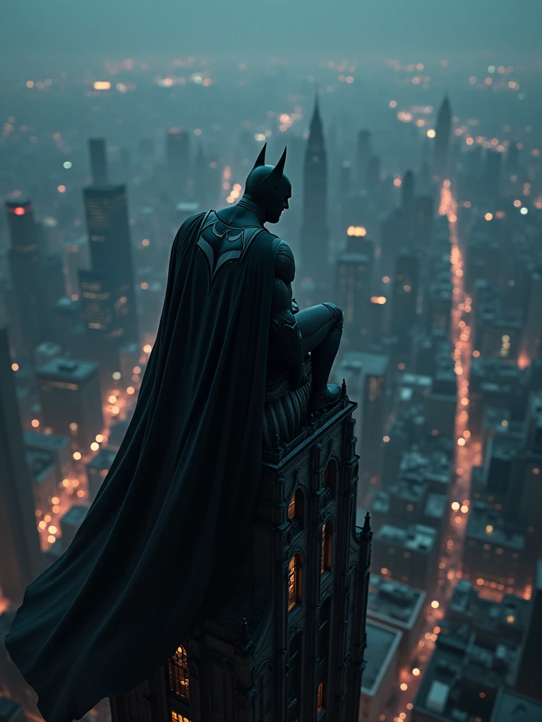 (masterpiece:1.2), (best quality:1.2), 8k, HDR, ultra detailed, ((photorealistic)), professional light, cinematic lighting, fashion photography, ambient lighting, background, The Batman watching over gotham city