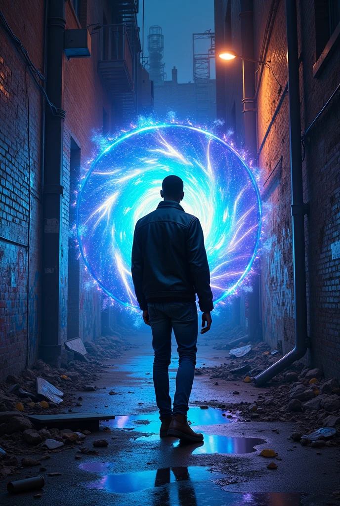 Young black man looks at a portal in front of him towards space-time in an alley
