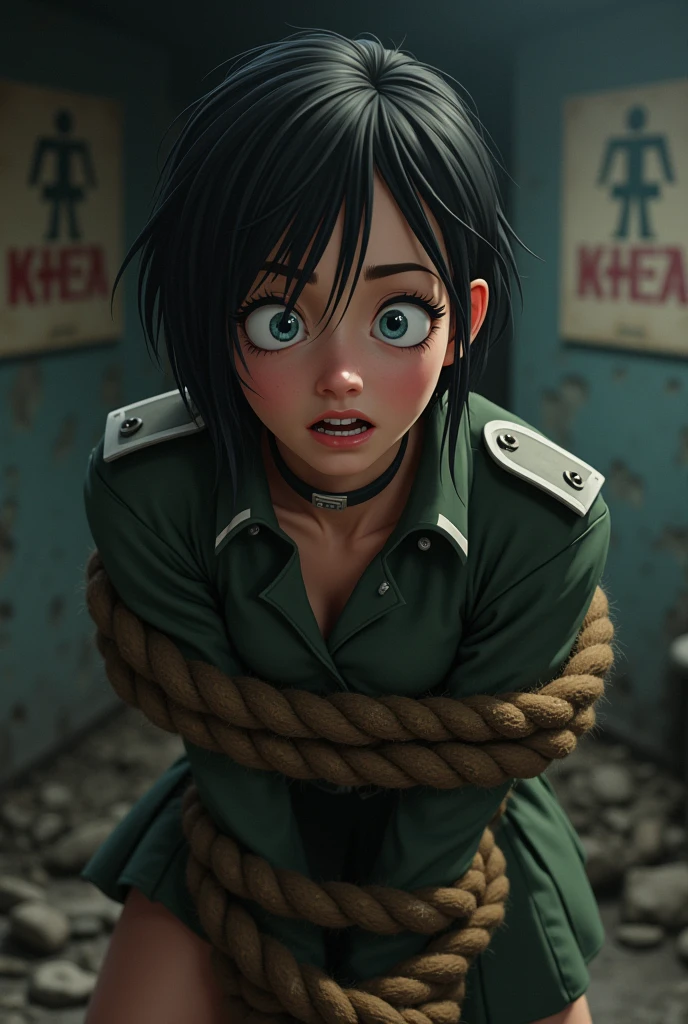 German female soldier, animated film, tied up with rope, Underwear