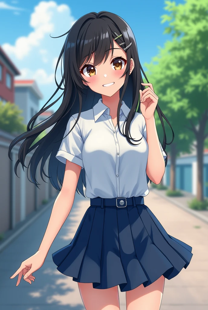 ((masterpiece)),(best quality),official art,extremely detailed CG,unity 8k wallpaper,nsfw,ultra detailed,beautiful detailed eyes,extremely detailed face,outdoors,1girl,solo,upper body,(portrait:1.5),looking at viewer,facing viewer,smug,grin,black hair,long hair,hairclip,earclip,asymmetrical bangs,brown eyes,blush,fang,tan,collarbone,collared shirt,white shirt,small breasts,blue skirt,long sleeves,miniskirt,blue skirt,pleated skirt,bare legs,no socks,uwabaki,white footwear,