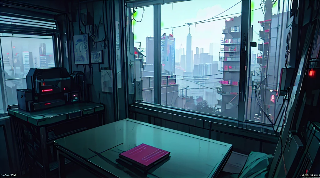 At night, there are dim blue-green lights indoors, bookshelves half full of books, various items on the tabletop, windows directly in front of the window, windows account for a quarter of the picture, night view of the city outside the window, anime style 4 K, cyberpunk anime, 4k anime wallpaper, anime art wallpaper 8 k, anime style. 8K, digital cyberpunk anime art