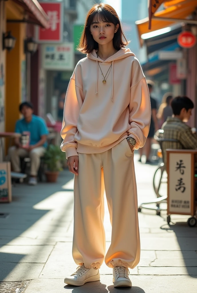 Young Asian features with oversized clothing