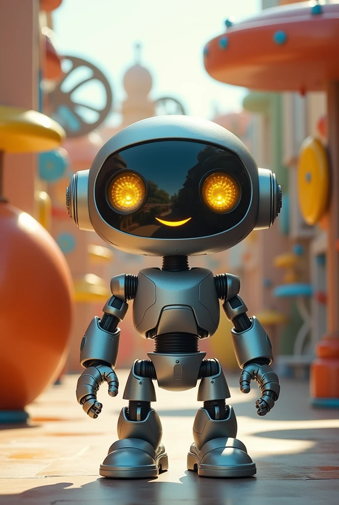 A gray robot child with a big smile and square yellow eyes
