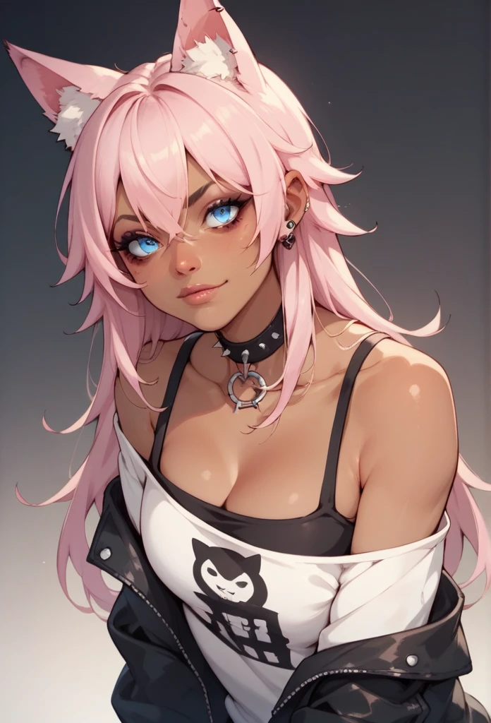 Dark-skinned wolf girl,White and pink hair,blue eyes,Big ,Wearing emo clothes