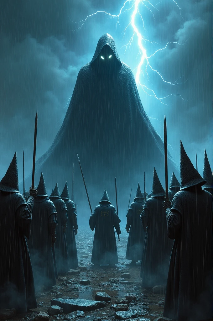 A group of wizards ands knights fighting a powerful Wich in a stormy night