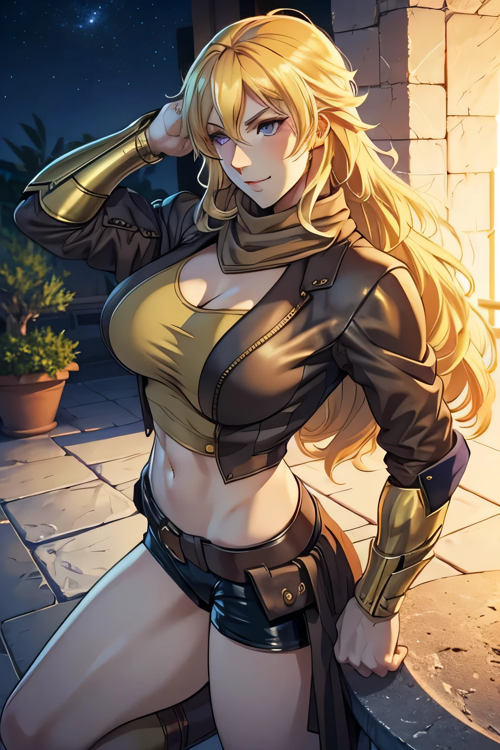 masterpiece, best quality, agrias, a woman, solo, wearing brown jacket, black shorts, blonde hair, high leg, wavy hair , muscular , detailed face, muscular detailed face, age 22, modern house patio, big breast, standing, head up, Night time, purople eyes