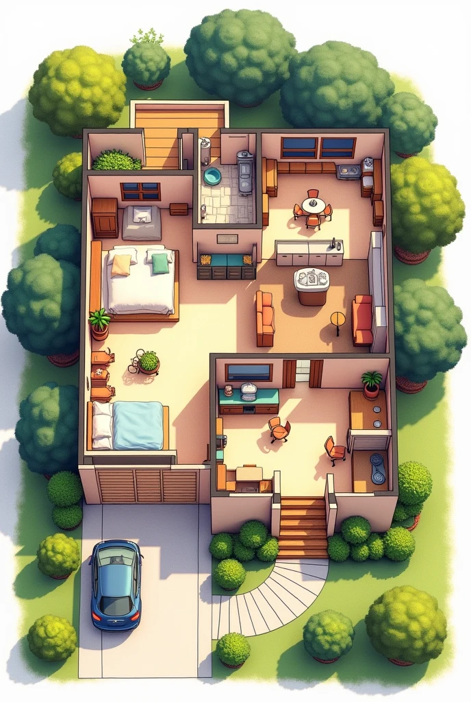 House drawing with bedroom, living room, kitchen, garage, bathroom and patio